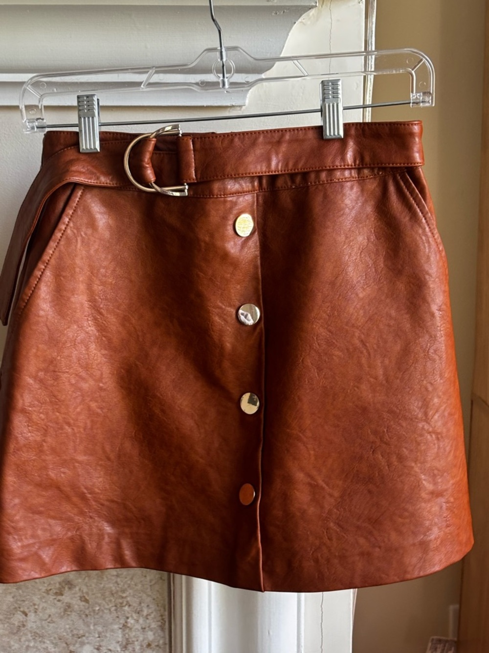 Faux Leather Button-Front Mini Skirt in Cognac